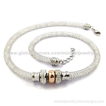 Stainless steel necklaces with interval of IP rose gold plating and white crystals